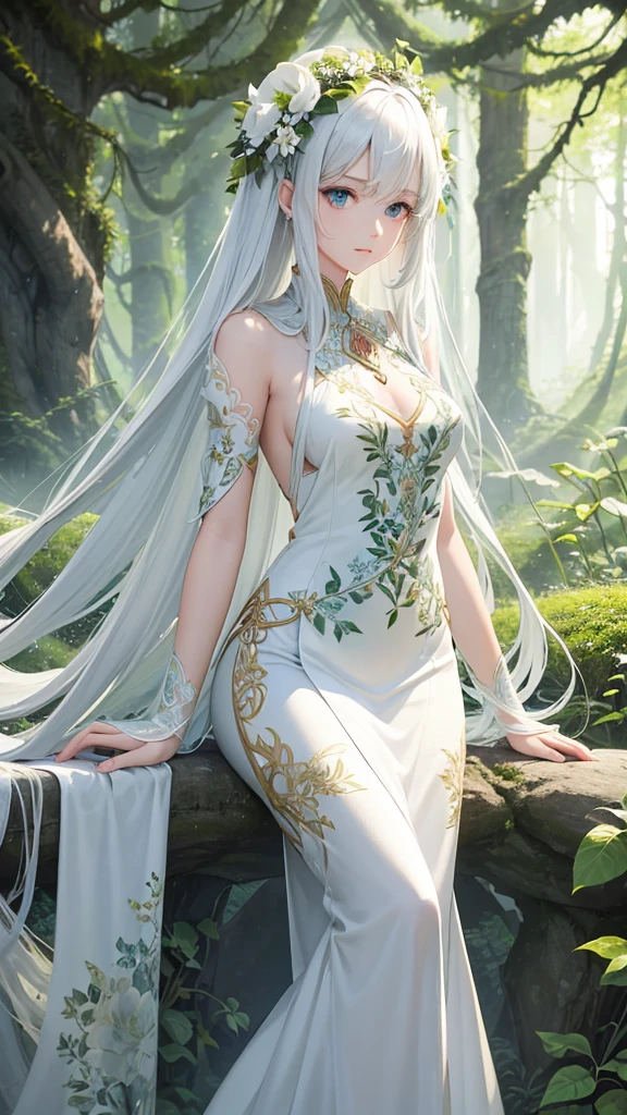 "Create a digital anime style illustration of a beautiful forest goddess。, Flowing white hair. She should wear a detailed all-over white dress decorated with leaf and floral patterns., Perfect for a fantasy theme. Transparent woman.The dress design does not reveal any skin.,  Use additional fabric or natural elements such as leaves and vines to cover. Characters should have an elegant and mature appearance, Look Around 2, With cool eyes and a calm expression, just increase the wide angle a little.. The background is rich, A mysterious forest woven with soft light and shining plants, Enhance the mystical atmosphere."