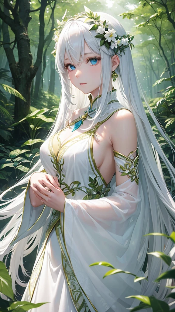 "Create a digital anime style illustration of a beautiful forest goddess。, Flowing white hair. She should wear a detailed all-over white dress decorated with leaf and floral patterns., Perfect for a fantasy theme. Transparent woman.The dress design does not reveal any skin.,  Use additional fabric or natural elements such as leaves and vines to cover. Characters should have an elegant and mature appearance, Look Around 2, With cool eyes and a calm expression, just increase the wide angle a little.. The background is rich, A mysterious forest woven with soft light and shining plants, Enhance the mystical atmosphere."