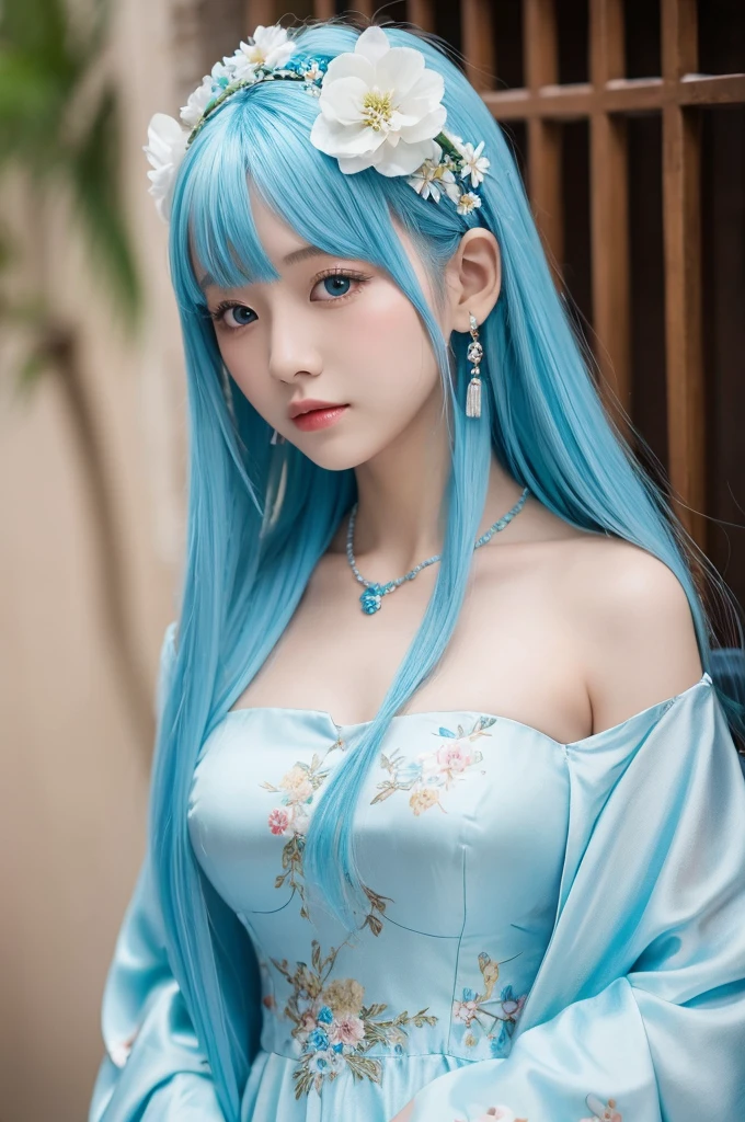 Light blue hair, beautiful woman, long hair, Chinese dress, flower on head, necklace