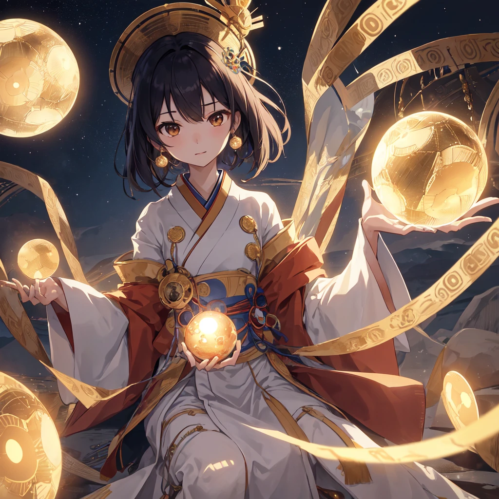 Young Japanese Woman, Captivating look。He sits on a floating research platform in the middle of a coin-shaped sphere.. The sphere has a golden coin pattern.。Surrounded by several spheres emitting a fiery aura. Dramatic lighting illuminates the scene, Casts a deep shadow on clothing. Young people seem confident and determined, Gaze with wonder and reverence at the vast and mysterious universe,Facial hair, Cowboy Shot,High resolution, masterpiece, Highest quality, detail, 高いdetail, Hair that falls over the shoulders,