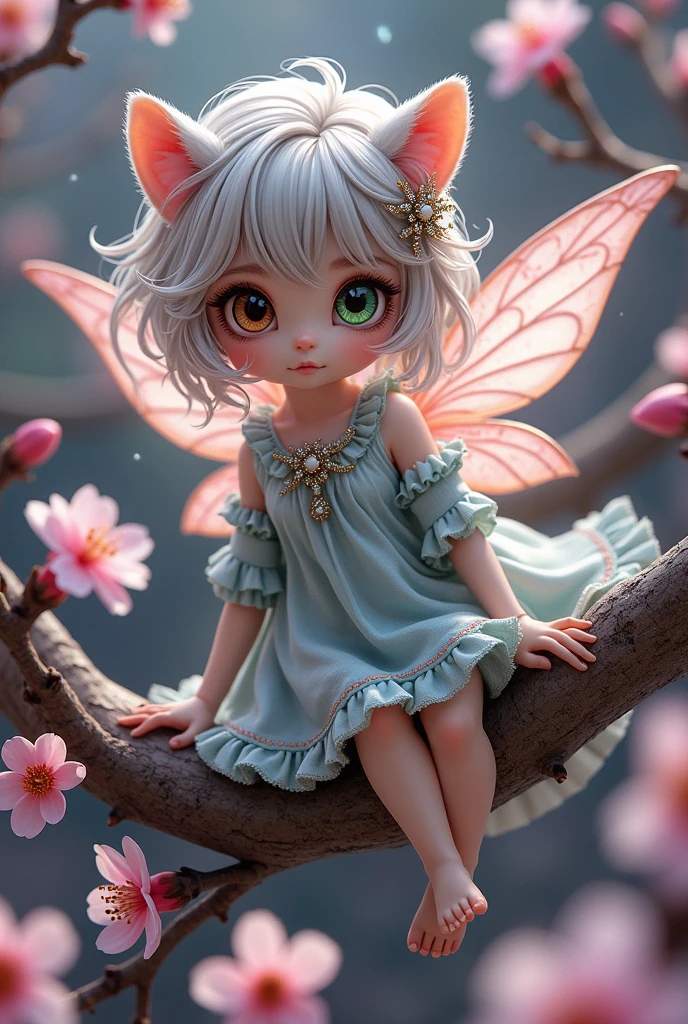 Super mini size、eye々crisp、One eye is green、the other eye is brown.、length, Curled eyelashes、Hair is silver、Raccoon Ears、You're wearing fluttery clothes、Beautiful fairy、Is that the cherry tree in the background??、Goodbye Poem、Thorns and Desire