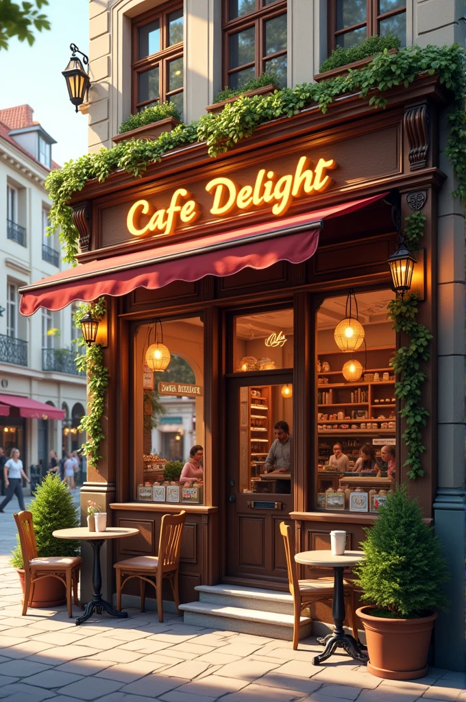 Front view of a caffe shop with name cafe delight