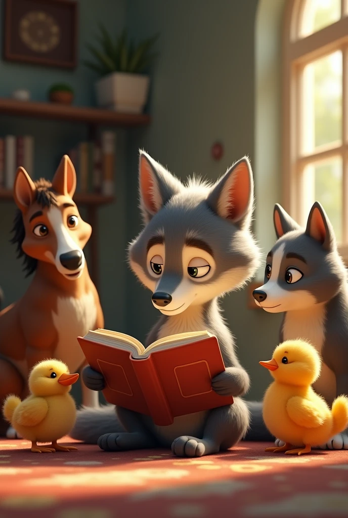 Create an image where a wolf is reading and a chick and a horse and a dog are paying attention to him while the wolf is reading Horizontal image gif