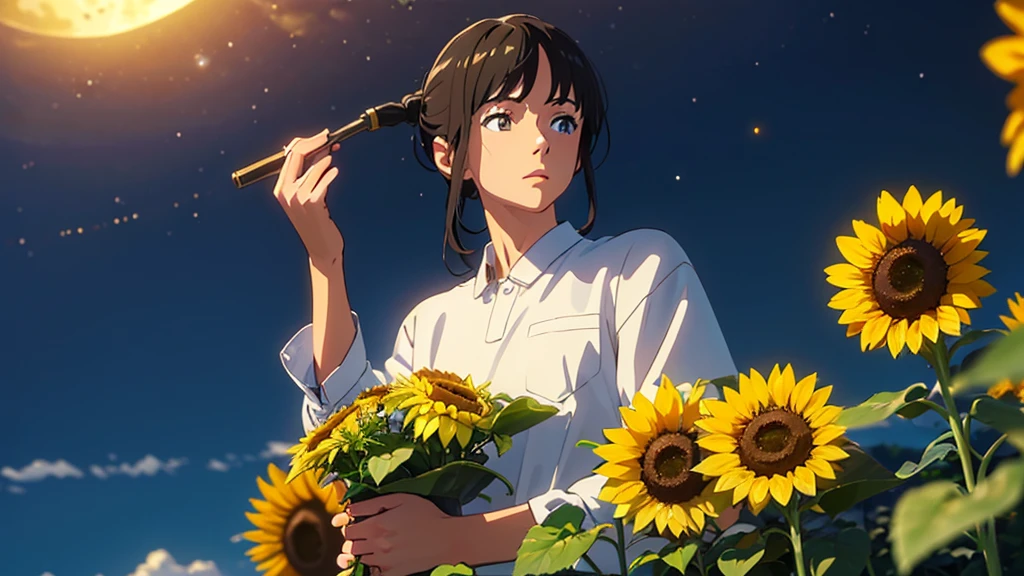(masterpiece:1.4), (Highest quality:1.4), Very detailed, Complex, Super detailed, night、Starry Sky、Sunflower field、4K、8k