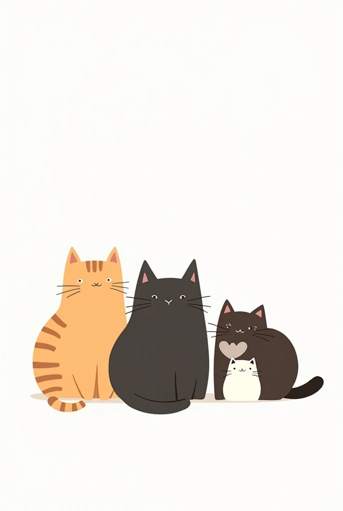 create me a wallpaper of 4 cats together 1 orange with white with lots of big hair 1 big chubby black 1 dark brown with white on its chest big cat 1 single white with black small in minimalist drawing style with white background