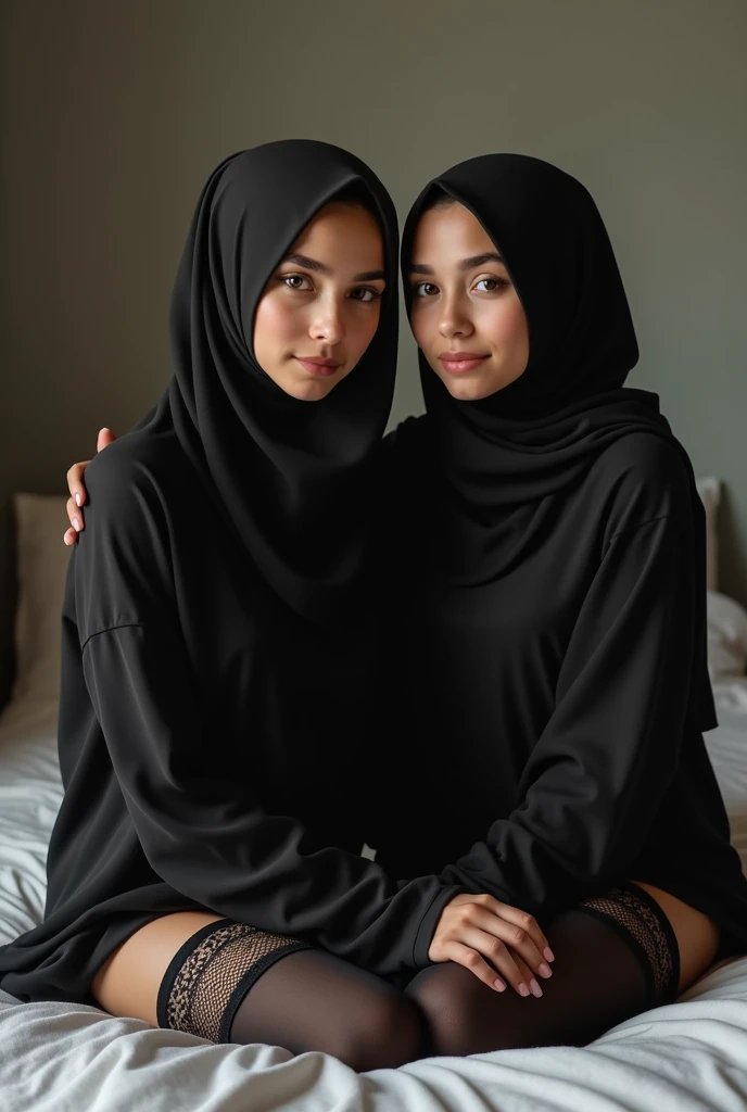 18yo twin girl with small tits sit on the bed wearing black hijab and lingerie