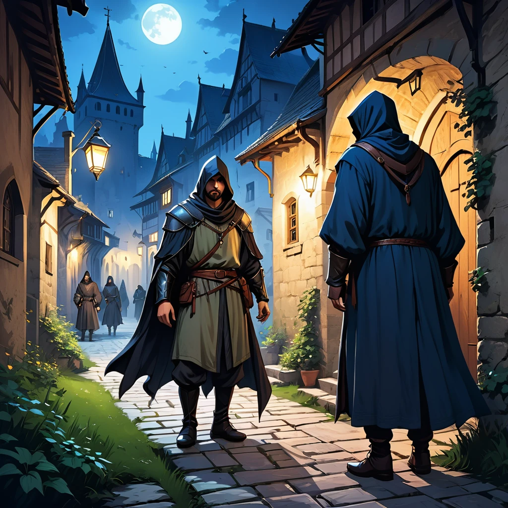 Medieval Europe，at night，An assassin in night clothes，Lurking behind a noble man。Mid-ground composition，Game illustration style。