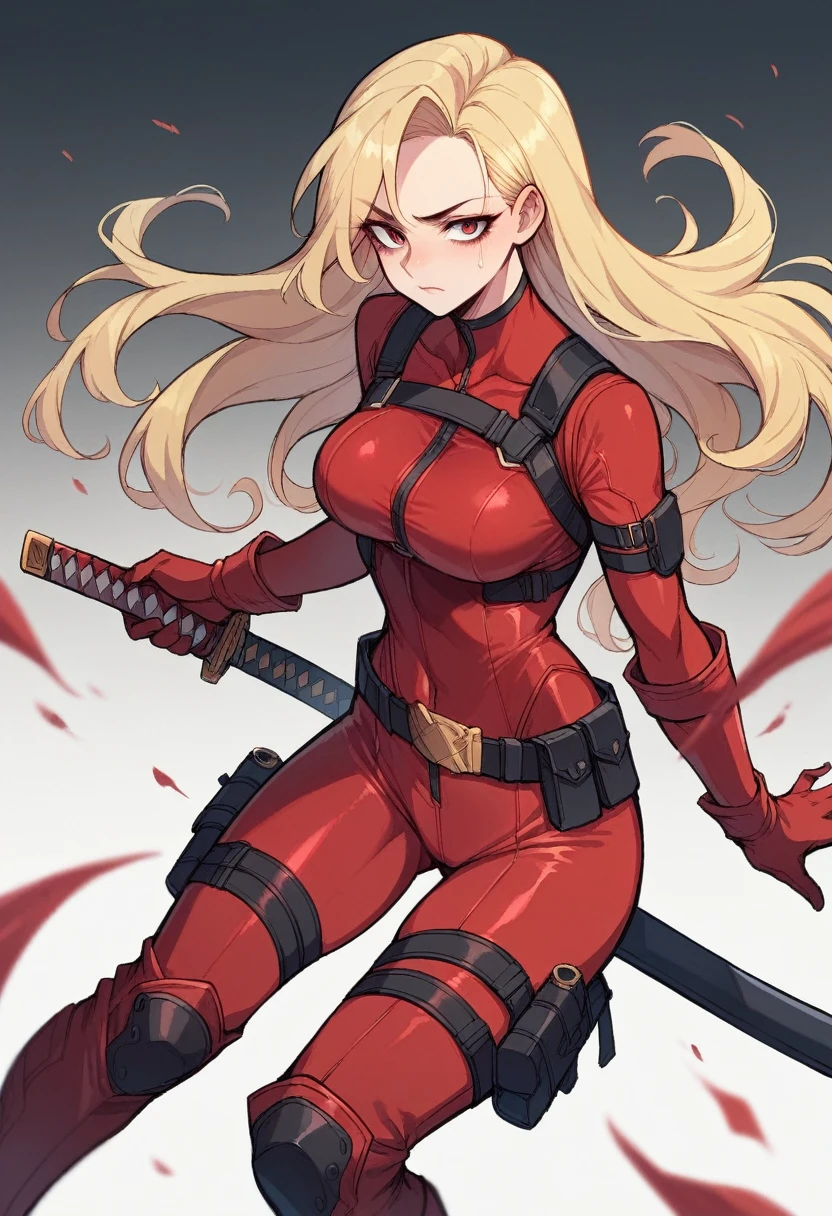 1girl, comics, long blonde hair, red bodysuit, black sides, black pads, ultility belt, red gloves, red boots, katana, gun