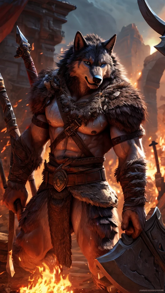 A highly detailed, muscular anthropo wolf male, wearing a barbarian outfit and wielding a giant axe, covered in sweat, powerful barbarian warrior, hyper realist, 8k, photorrealistic, cinematic lighting, swirly vibrant colors, details Intricate, work of art