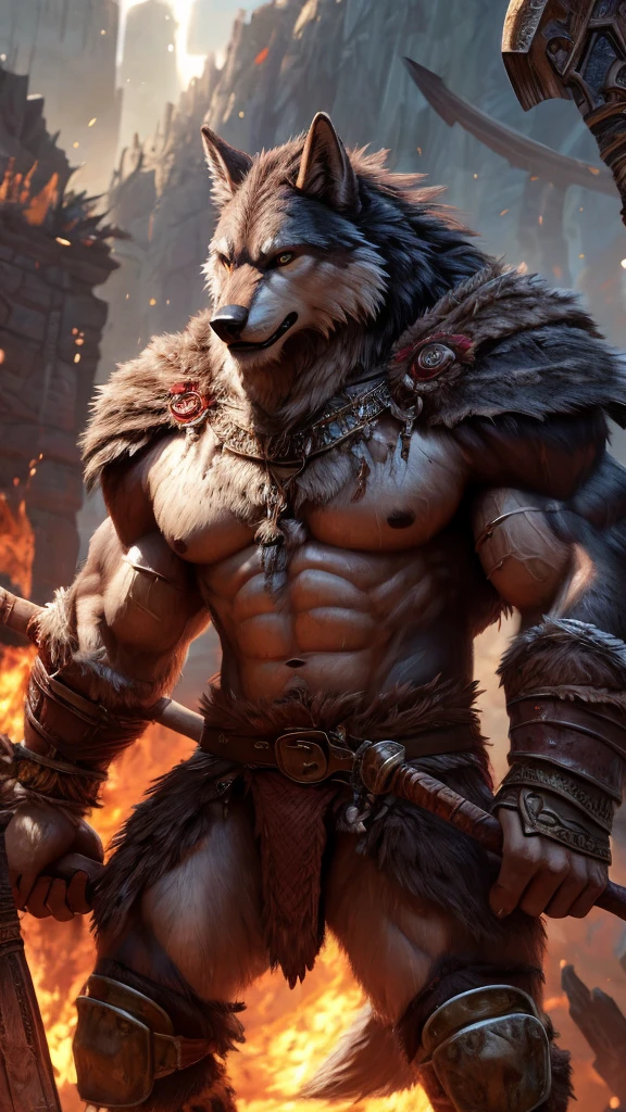 A highly detailed, muscular anthropo wolf male, wearing a barbarian outfit and wielding a giant axe, covered in sweat, powerful barbarian warrior, hyper realist, 8k, photorrealistic, cinematic lighting, swirly vibrant colors, details Intricate, work of art