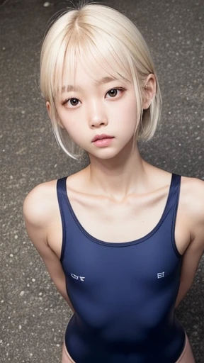 ((sfw:1.5)),((sfw:1.5)),((from above:1.5)),((Upper Body:1.5)) Korean Asian r Photos、((Beautiful and cute idol girl:1.5))、Platinum Blonde Hair、10yo,Naow eyes:1.5、Thin face、Thin neck、((Slim body)),((skinny):1.5),((Flat chest:1.5)),((clavicle)),((Narrow eyes:1.5))、(Thin arms)、(Thin neck)、(Thin lips)、A small smile、Thin arms、(Dark blue school swimsuit:1.5)