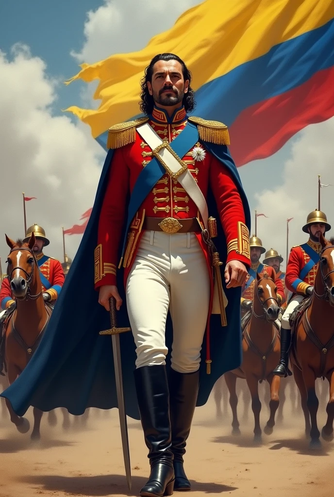 Simon Bolivar, A tall man, Powerful and Attractive. Dictator of his nation, Great Colombia, wearing a military uniform, Red and royal blue jacket with laurel leaves, epaulettes on the shoulders, white pants, black leather thigh high boots and a leather belt with a gold buckle, a sword on his belt as a symbol of his authority and leadership along with a dark cloak. March with his army., waving the tricolor flag of great Colombia with horizontal stripes Yellow, blue and red