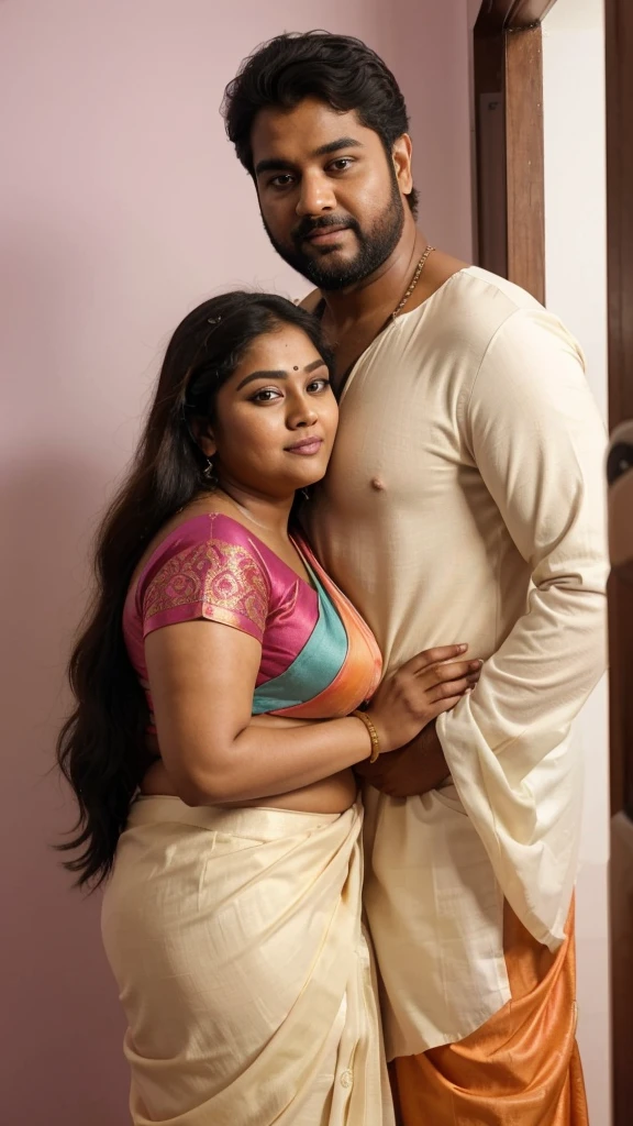 a  50-year-old shirtless man  affectionately hugging and kissing aradiant, full-figured South Indian plus-sized 30 year old teacher wearing a cream silky saree in  dressing room, captured in a full-body image with vibrant hues and meticulous details. Full body image