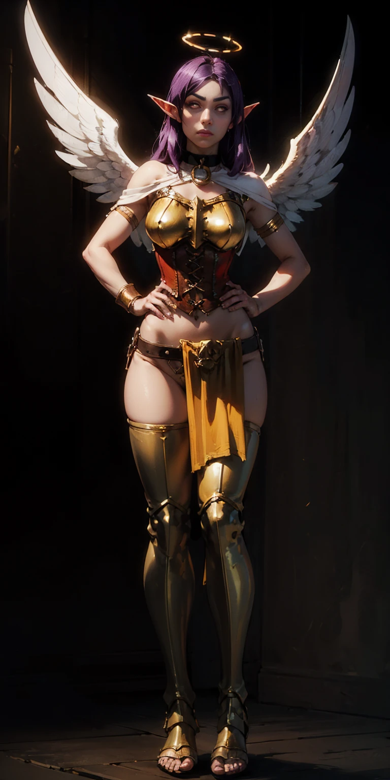 (Black background) paladin lady in ornate golden armor, arched crescent eyebrows, sharp and determined eyes, a delicate oval face, a serious expression, black collar, pauldrons, breastplate, leather corset, glowing halo, eye focus, red cape (full body, whole body, 1solo girl) loincloth standing, hands on hips, metal sandals, leather choker, big belt, view from below, feet together, bracers, tiara, feathers angel wings (leahter choker, elf, long pointy ears, purple hair, red eye)