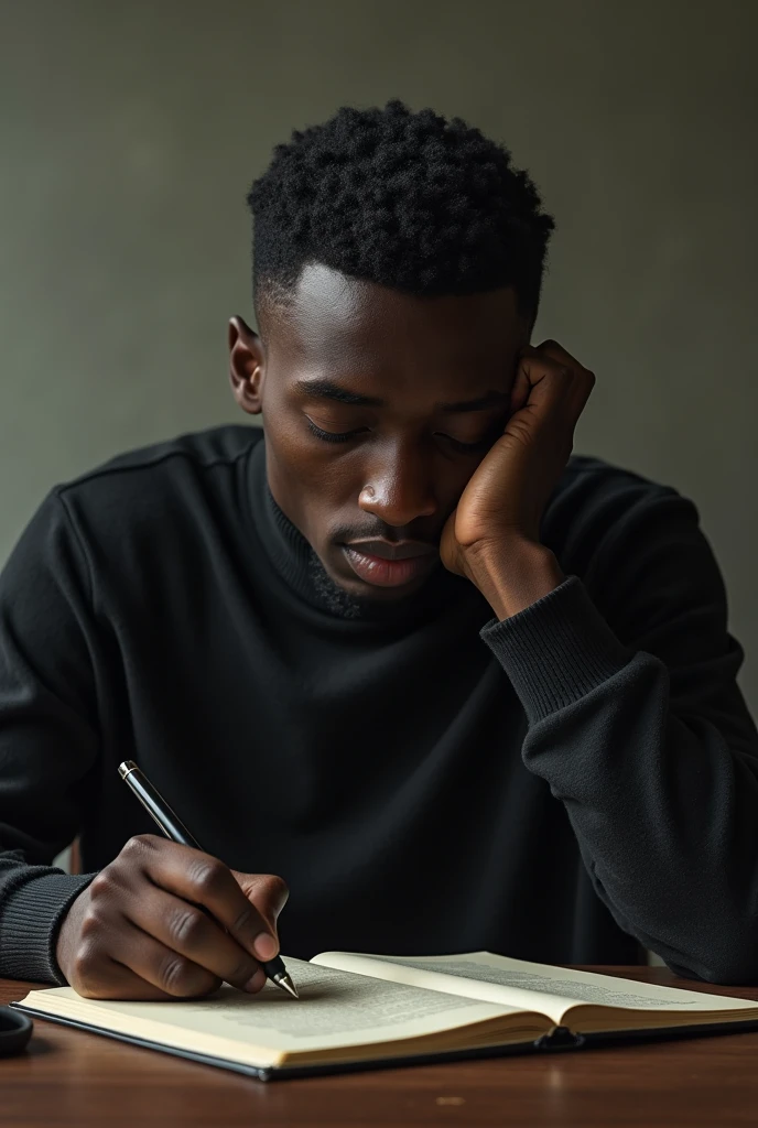 create the image of a 1 black man writing, hollow and thoughtful, with the mouth slightly open or with an expression of intense concentration.