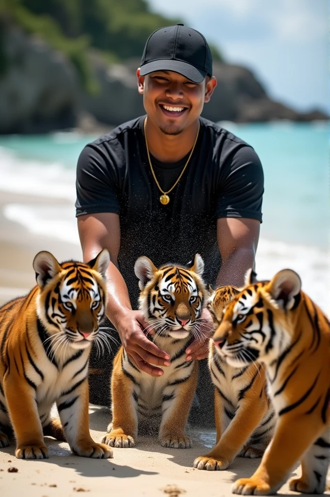An indonesian man in black t-shirt and cargo pant, enjoying bathing 4 tiger cubs in the summer. Wear a black baseball hat, he splash water on Tiger cube head and look very happy and smiling happily. All Tiger cubs wears a gold chain. on the beach. Daylight