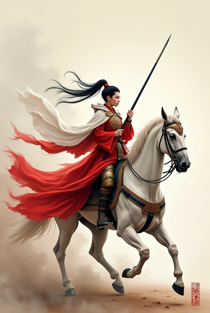 Chinese martial arts war scenes, Chinese girl in red robe and armor, Chinese ink painting style, Martial Arts Styles, weapon lance white riding white horse riding, Wind and smoke,Weapon,White Chinese clothing armor, White cape, Scapula, helmet, Black Hair, Ponytail
