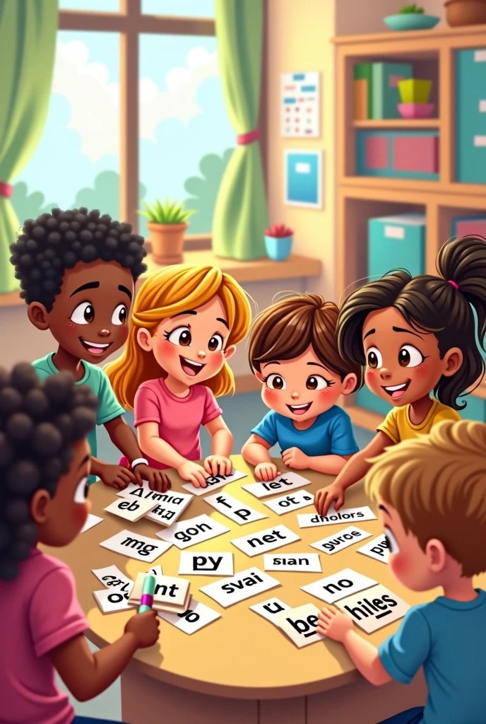 Generate for me an image of some early childhood education children who are classifying words: Provide children with a series of words on cards and ask them to sort the words into groups based on the number of syllables. (For example, one syllable words, two syllables, etc.).