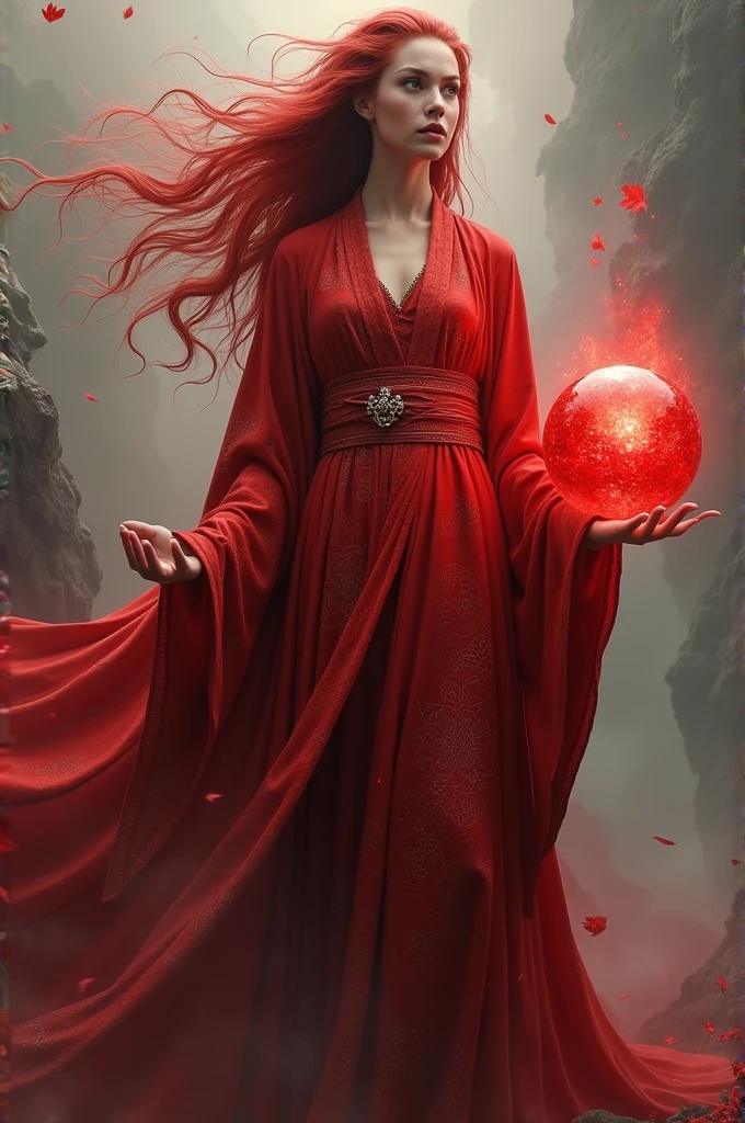 A giant woman with crimson hair, red eyes, crimson kimono, and a magical red sphere in hand.