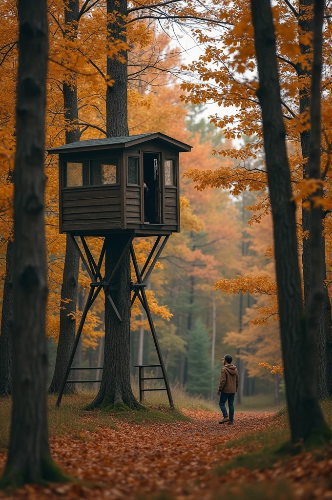 Make a large grove on a Minnesota property with a deer stand with a blonde woman in it hunting. With deer in from if it