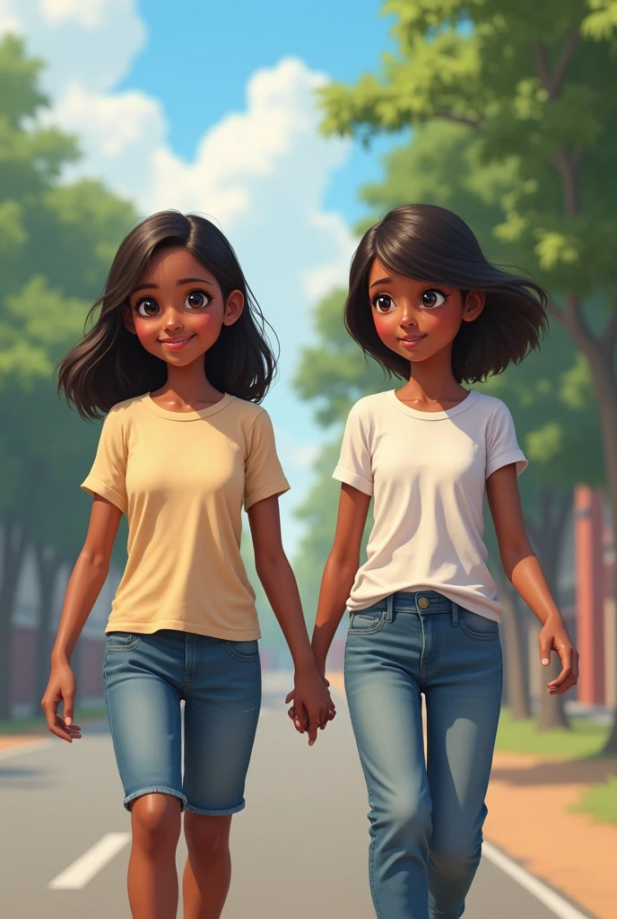 Two Tamil girl, wearing t shirt, walking in road, right side angle