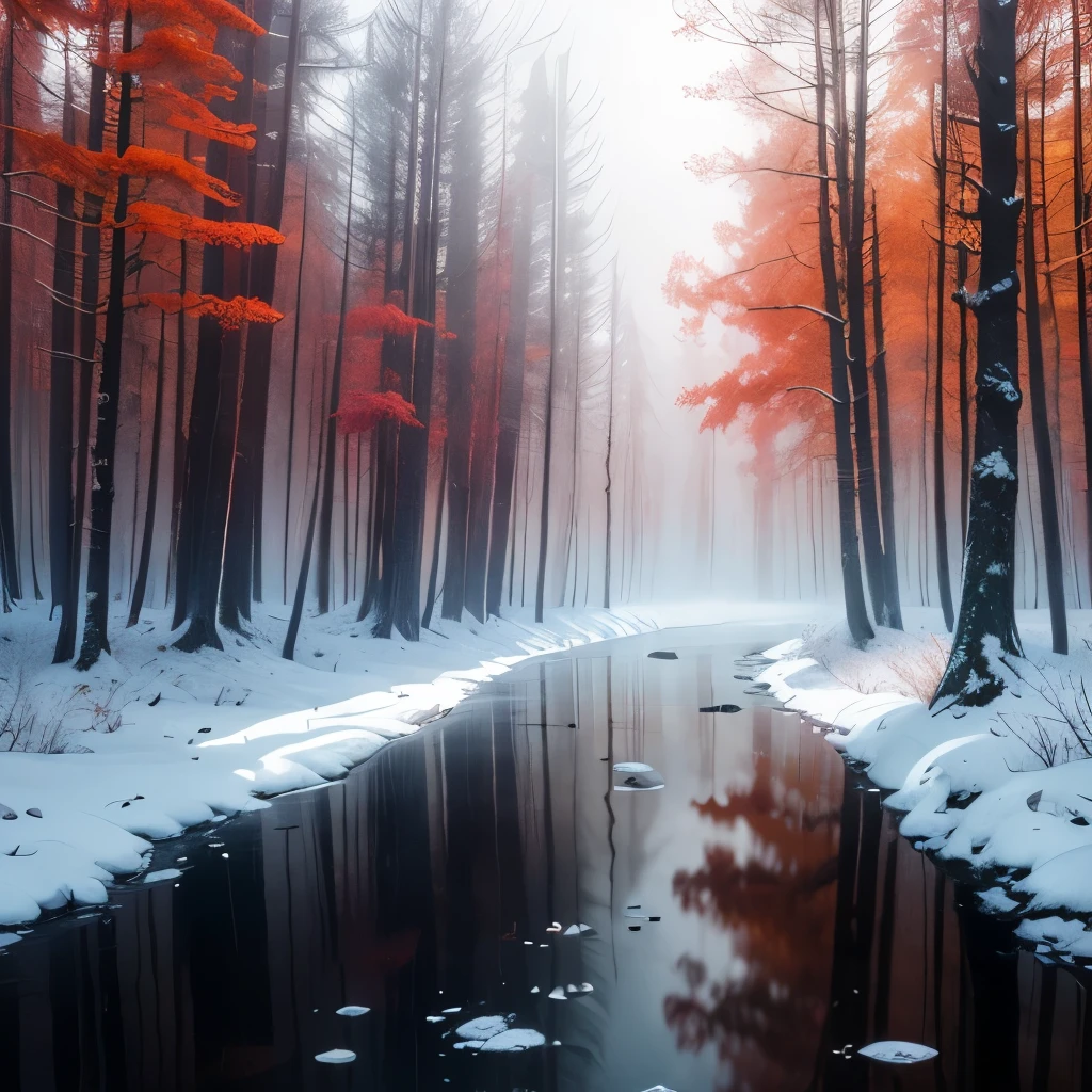 trees with red leaves in a forest with a stream of water, a matte painting by Wolfgang Zelmer, flickr, land art, red forest, red fog on the ground, german forest, beautiful misty wood, red trees, really beautiful forest, in a snowy forest setting, vibrant but dreary red, snowing in the forest, forest colors, beautiful forest
