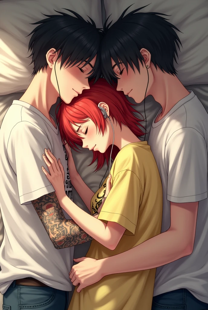 Two boys lying down sleeping, A red-haired girl with messy hair wearing a baggy yellow shirt is lying on the chest of a black-haired boy with his arms covered in tattoos, with a t-shirt both have wired headphones,m