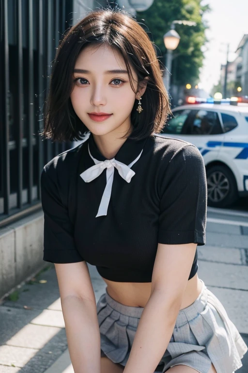 (2 Japanese girl,), (Small breasts:1.5,),(solo,,Textured skin, Detailed skin,Detailed face,Detailed eyes,detailed posing,Natural eyebrows,Sparkling Eyes,High detail, Highest quality, Super detailed, Surrealism, ,8k,RAW Photos,Photographicism,Professional Lighting,Portrait Photography,Soft Light),((Black Hair, Dark Eyes,Natural Makeup,Simple earrings, Bob Hair,ribbon,smile)),(((Miniskirt Police,Police Officer)))