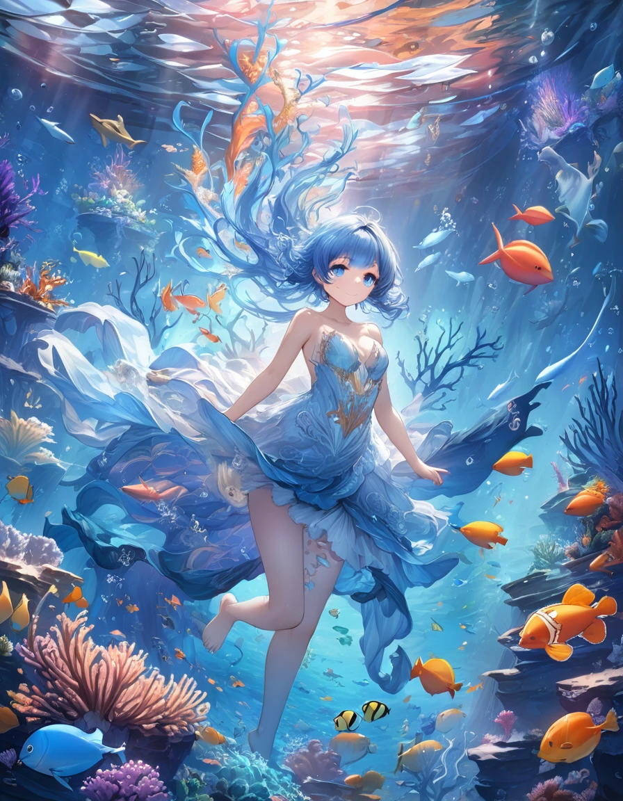 Highest quality、masterpiece、Very detailed、Finely detailed、High resolution、8k wallpaper、Fine and beautiful eyes、 girl with blue hair、A myriad of marine life in the background、Mysterious underwater、A gentle smile、whole body、Feeling like you&#39;re floating gracefully through the water、Riding a big whale、Fantasy、Countless firefly-like lights are flying
