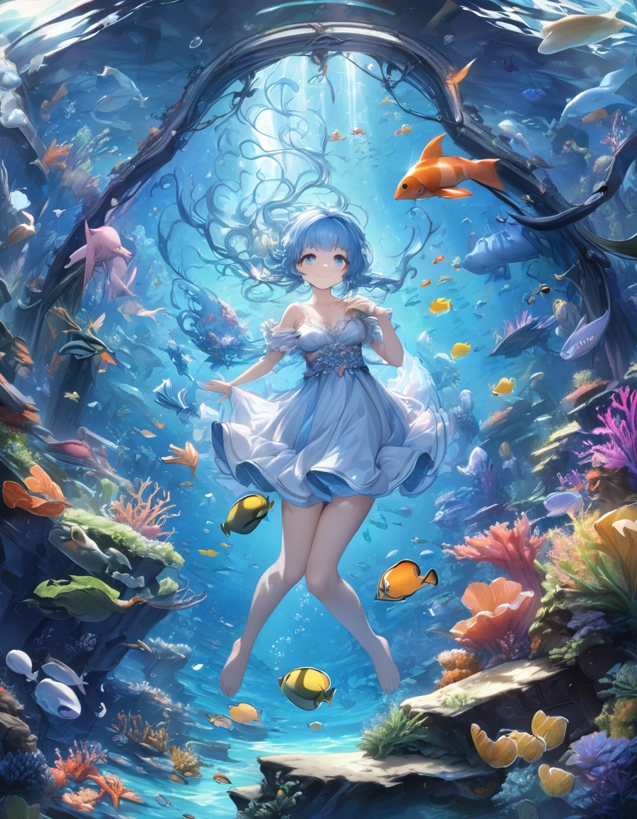 Highest quality、masterpiece、Very detailed、Finely detailed、High resolution、8k wallpaper、Fine and beautiful eyes、 girl with blue hair、A myriad of marine life in the background、Mysterious underwater、A gentle smile、whole body、Feeling like you're floating gracefully through the water、Riding a big whale、Fantasy、Countless firefly-like lights are flying