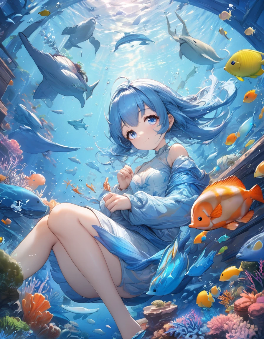 Highest quality、masterpiece、Very detailed、Finely detailed、High resolution、8k wallpaper、Fine and beautiful eyes、 girl with blue hair、A myriad of marine life in the background、Mysterious underwater、A gentle smile、whole body、Feeling like you&#39;re floating gracefully through the water、Riding a big whale、Fantasy、Countless firefly-like lights are flying