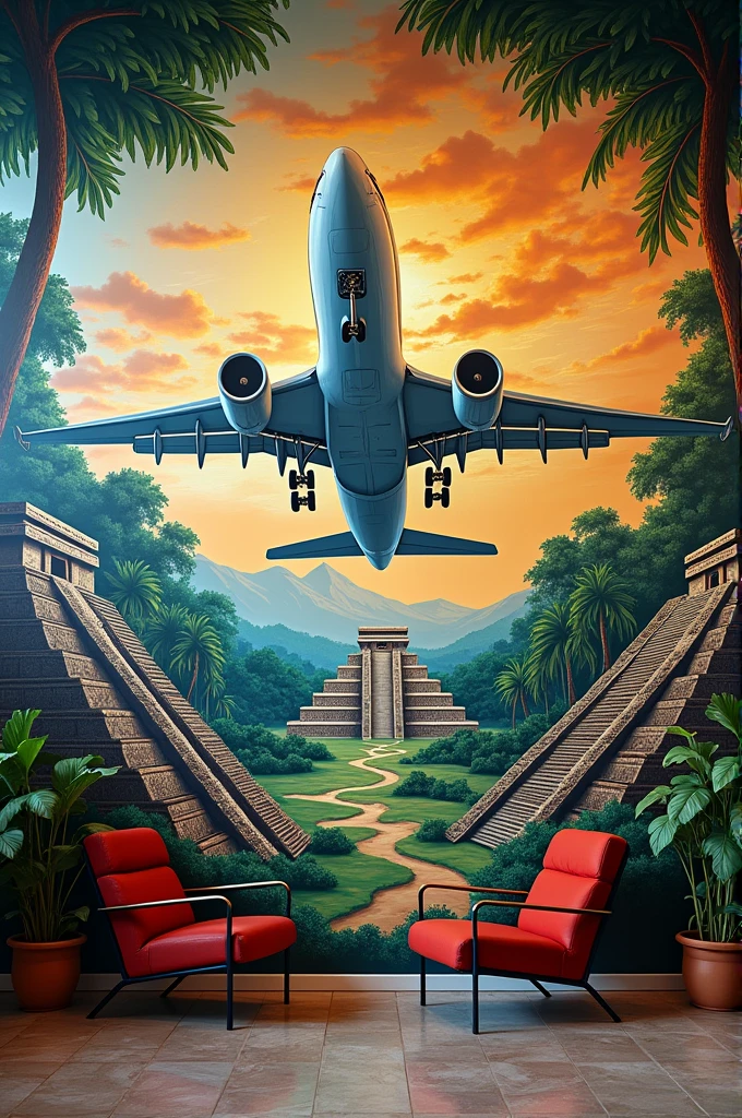 Create a mural with Mayan culture and the airplane and airport logo