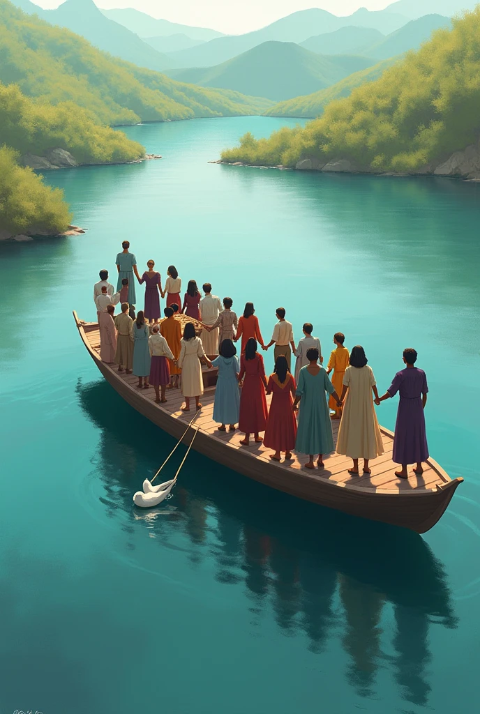 People signing peace on a boat