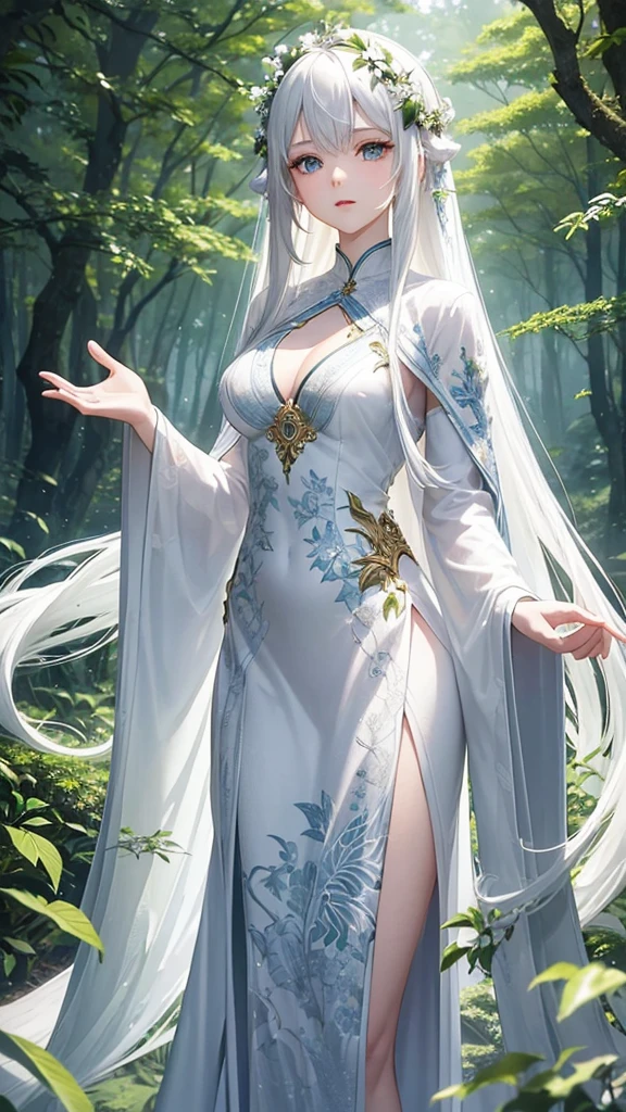 "Create a digital anime style illustration of a beautiful forest goddess。, Flowing white hair. She should wear a detailed all-over white dress decorated with leaf and floral patterns., Perfect for a fantasy theme. A glamorous woman with a clear look.The dress design does not reveal any skin.,  Use additional fabric or natural elements such as leaves and vines to cover. Characters should have an elegant and mature appearance, Look Around 2, With cool eyes and a calm expression, just increase the wide angle a little.. The background is rich, A mysterious forest woven with soft light and shining plants, Enhance the mystical atmosphere."