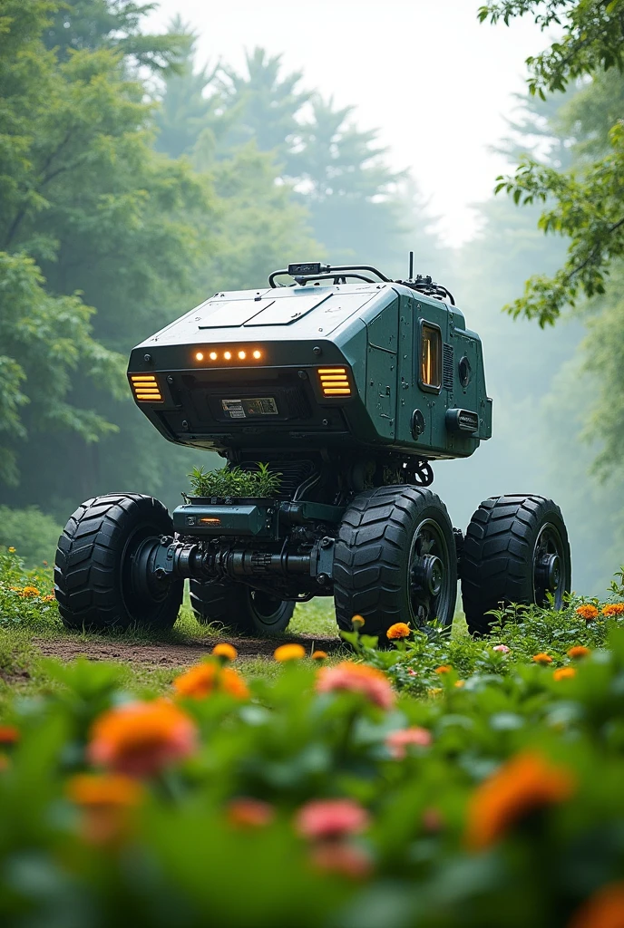 The robotic car has wheels that can pick up plants and grow plants at the same time.(large size)old