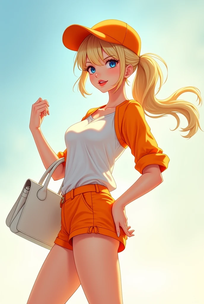 Female character blonde hair with a ponytail an orange cap a white purse a blouse with orange sleeves and short orange shorts