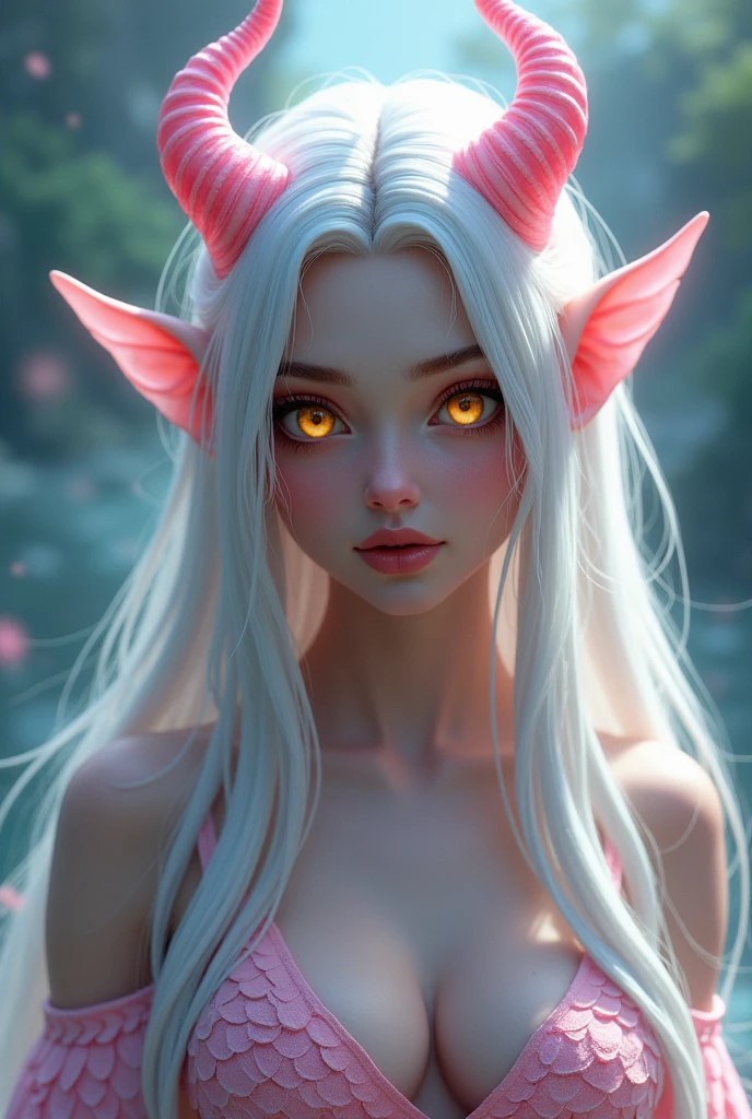 A siren with long, straight white hair. He has pink horns curled up on either side of his forehead.. Her eyes are yellow and bright. Its breasts and body are covered with pink scales. Ears are fins. It has a sweet appearance.
