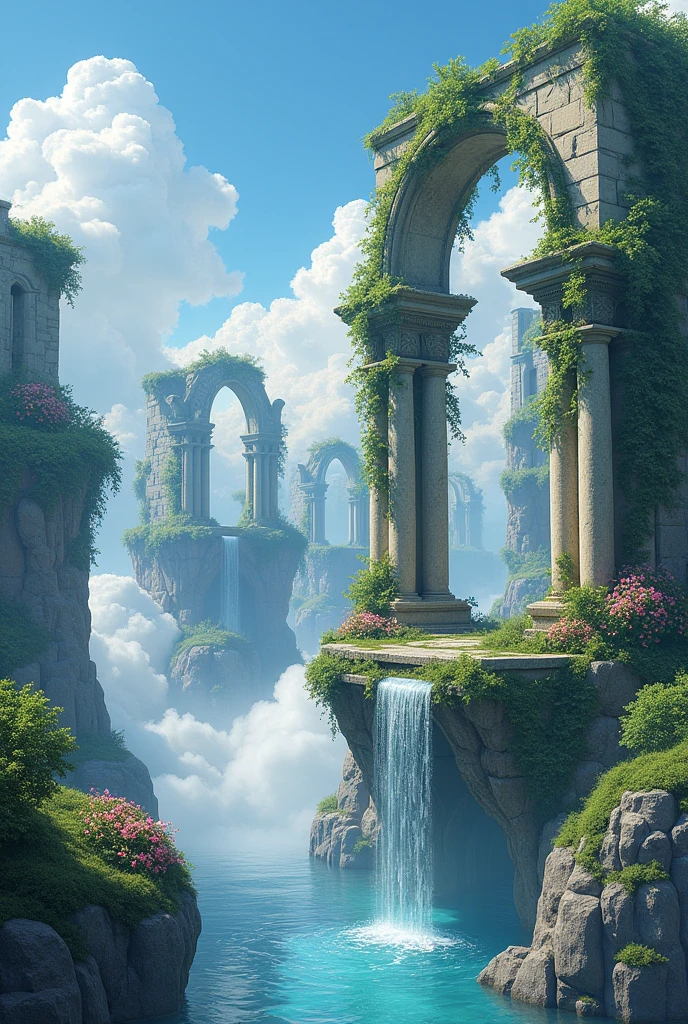 Ancient ruins of a floating garden。The beautiful stone ruins are surrounded by blue skies and a sea of clouds.、Ivy and flowers as if engulfed by nature々Covered in。Flowers swaying in the wind々Dances gently、The sound of clear water flowing from somewhere、Echoing in the silence。There is no one here、There you can feel the breath of past glory and still living nature.。