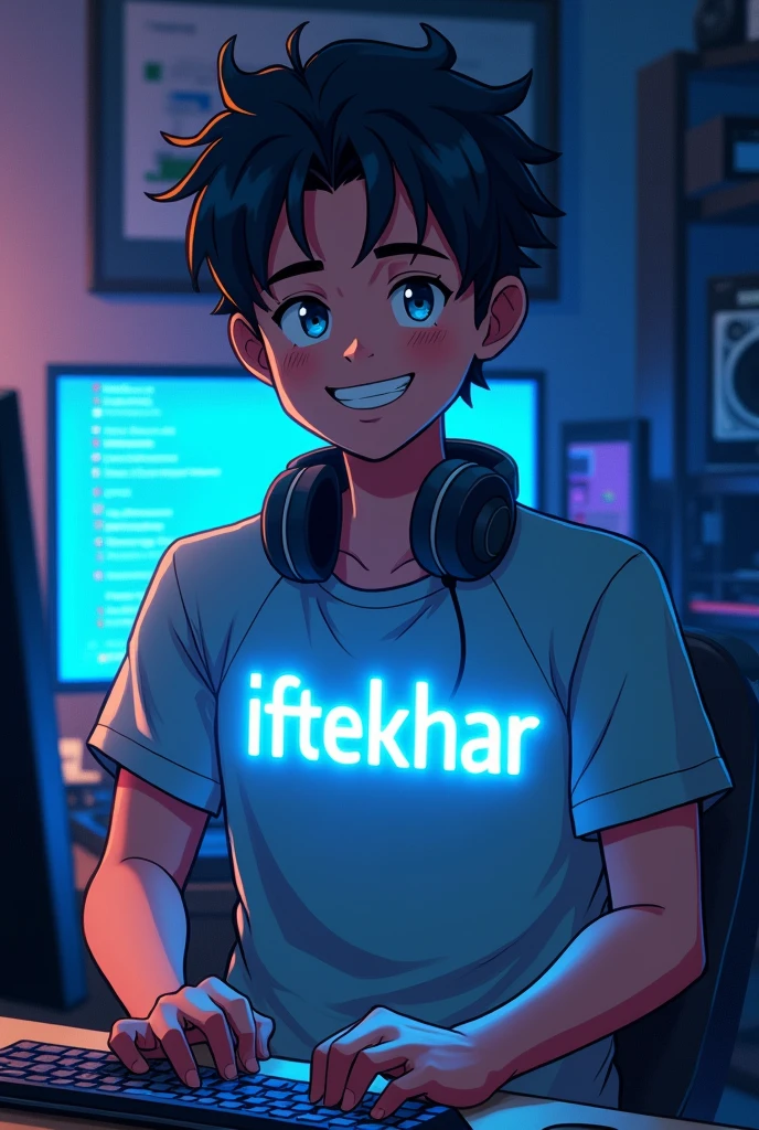 A portrait of iftekhar passionate coder, wearing a t-shirt or shirt with his name written on it in glowing letters. The background is a dark room with a computer screen and a keyboard. He is wearing headphones and smile. The style is anime. The image also includes more computer accessories such as a webcam, a monitor, a speaker, and a hard drive