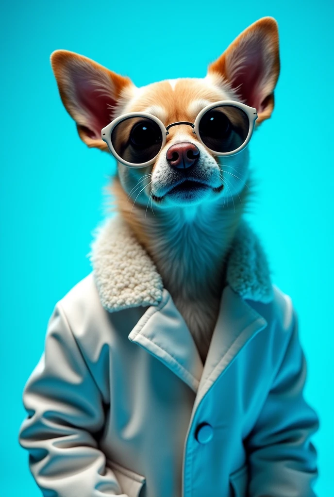 The best cell phone wallpaper, Award-Winning Wallpaper, portrait photography, In the front view is a portrait of a cute dog wearing mid-1960s space age fashion, Side view photo, Shot with Canon EOS R5, Set a strong contrast that accentuates the subject, Fluorescent blue tone, Wearing a very modern coat and sunglasses is a modern 1960s style, Clothes all in one color, beautiful background