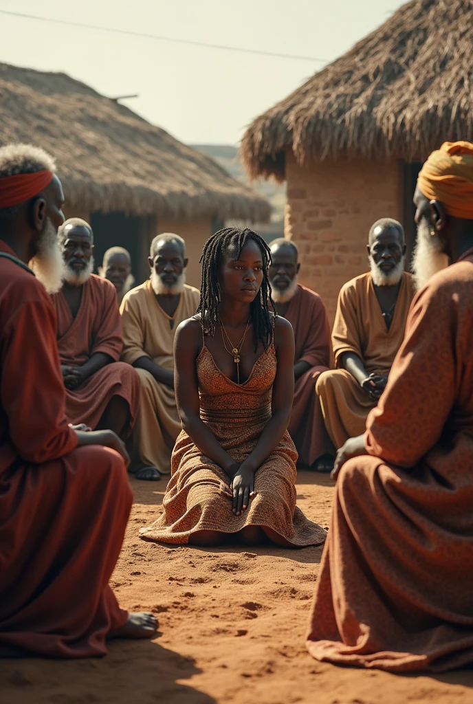Create an image of an igbo village elders dressed in igbo gathered at the village square headed by the village elders and an igbo young lady of about 28years dressed in igbo attire kneeling down before them looking pitiful and begging them