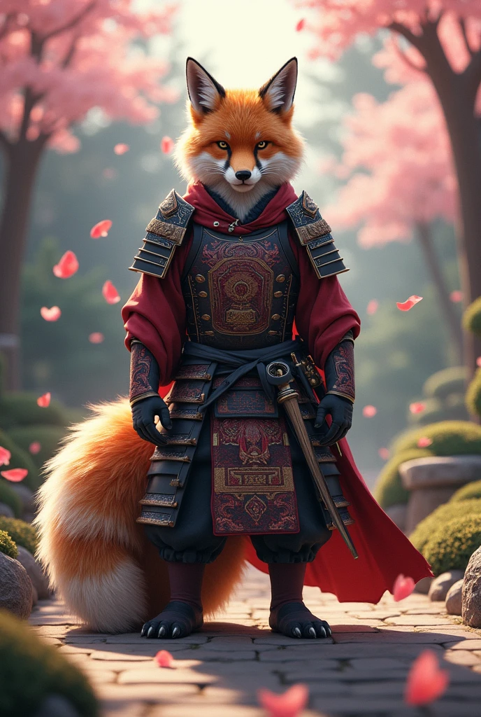 Samurai Fox Hybrid: Create an image of a samurai with the agile, bushy-tailed body of a fox. The samurai wears traditional armor with the fox’s fur blending into the clothing. The scene is set in a serene Japanese garden, with cherry blossoms in the background. 