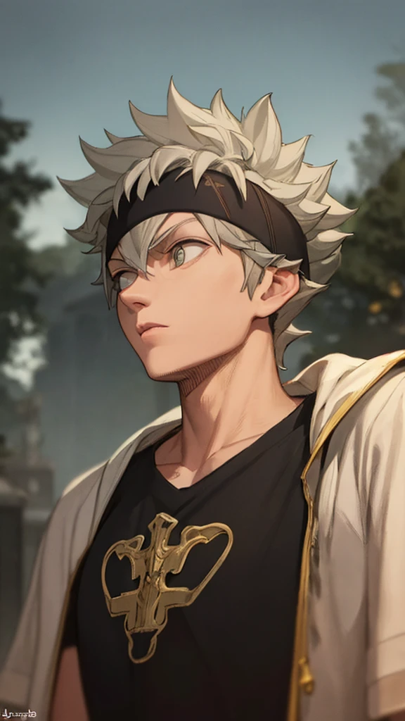 masterpiece, best quality, high quality, 1 person, solo, male focus, side angle, (looking away: 1.5), upper body, asta, headband, gray hair, spiky hair, High quality, very realistic , unreasonable, tall, highly detailed, HDR, masterpiece, highly detailed face and eyes, black shirt, solo,, male, handsome,, standing straight, expressionless, is in the park at night, His face is still a teenager, he about twenty years old, his face still young, his head tilted upwards, Close both eyes