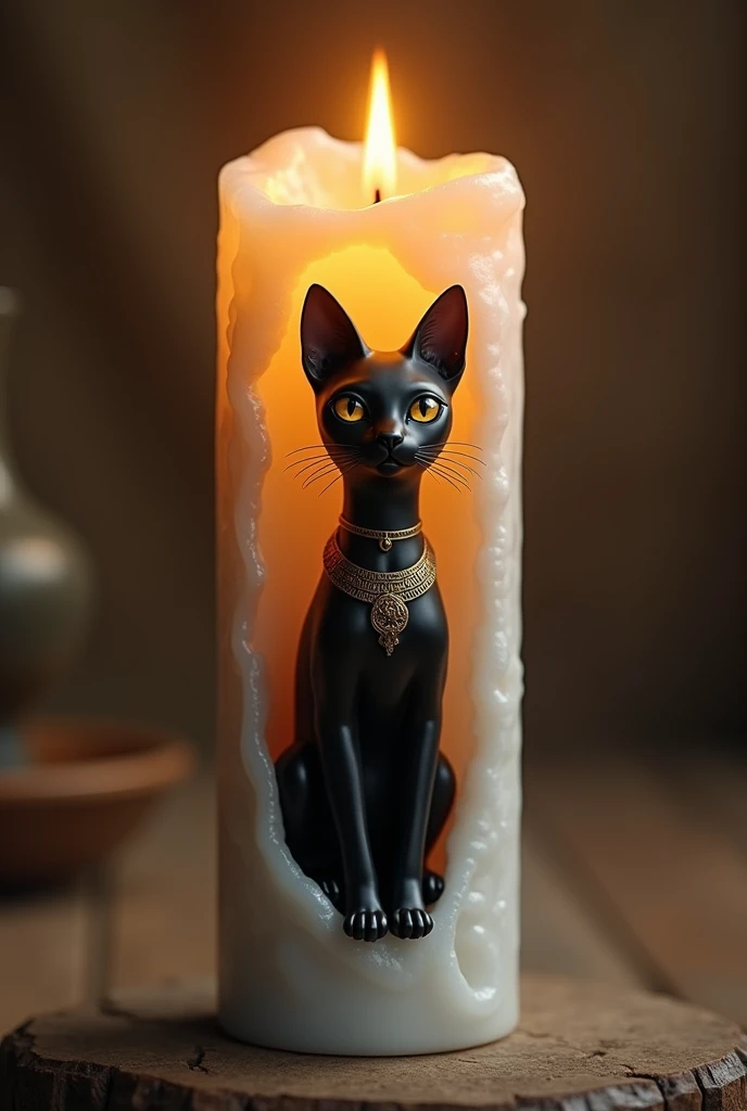 a white normal candle with a black cat inside, the cat is Bastet; Egyptian goddess