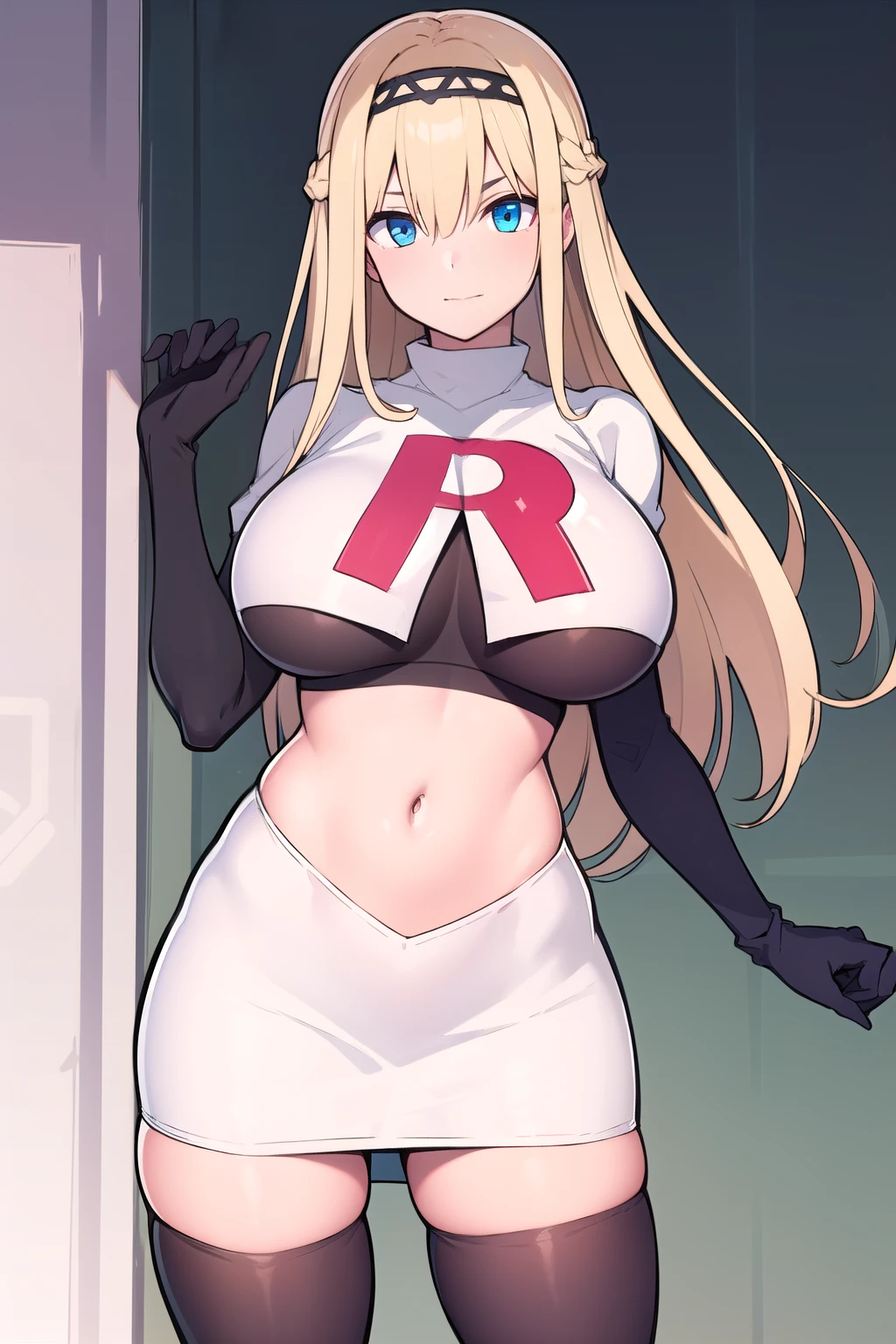 masterpiece, best quality,simple eyes,outdoors,1girl,north carolina,bangs, blonde_hair, blue_eyes,large breasts, eyebrows_visible_through_hair, hairband, long_hair, long_sleeves, looking_at_viewer, team rocket,team rocket uniform,white skirt,red letter R,crop top,black thigh-highs,black elbow gloves