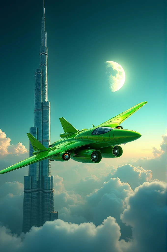 Green colour Aeroplane Burj khalifa moon cloud