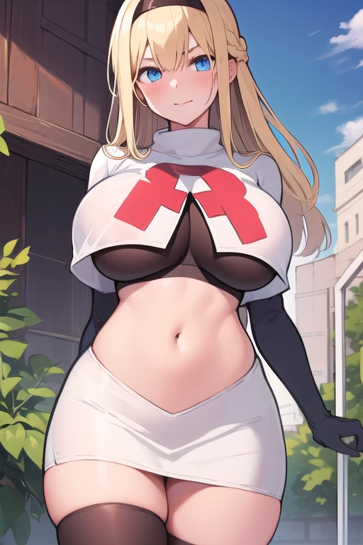 masterpiece, best quality,simple eyes,outdoors,1girl,north carolina,bangs, blonde_hair, blue_eyes,large breasts, eyebrows_visible_through_hair, hairband, long_hair, long_sleeves, looking_at_viewer, team rocket,team rocket uniform,white skirt,red letter R,crop top,black thigh-highs,black elbow gloves