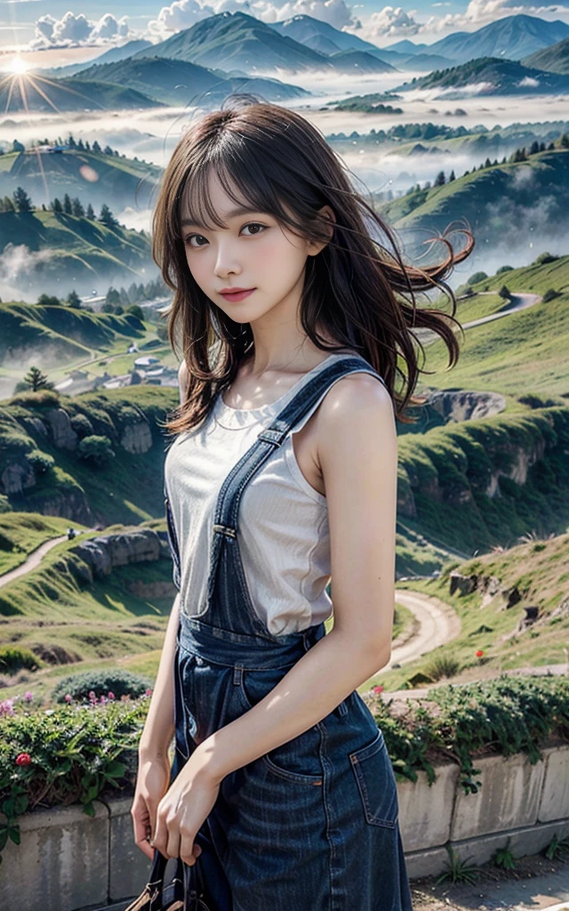 "Create a hyper-realistic digital painting of a young woman standing on a misty hilltop at dawn. The first rays of sunlight should be breaking through the horizon, casting a warm, golden glow across the landscape. The woman's hair should be gently blown by the morning breeze, with subtle highlights from the rising sun. In the foreground, include dew-covered grass and wildflowers. The background should show a sweeping vista of valleys and distant mountains, with a mix of natural and man-made elements like wind turbines or a distant city skyline. Pay careful attention to the play of light and shadow, the texture of the woman's clothing and skin, and the atmospheric perspective of the landscape. The overall image should convey a sense of anticipation and wonder at the start of a new day."
