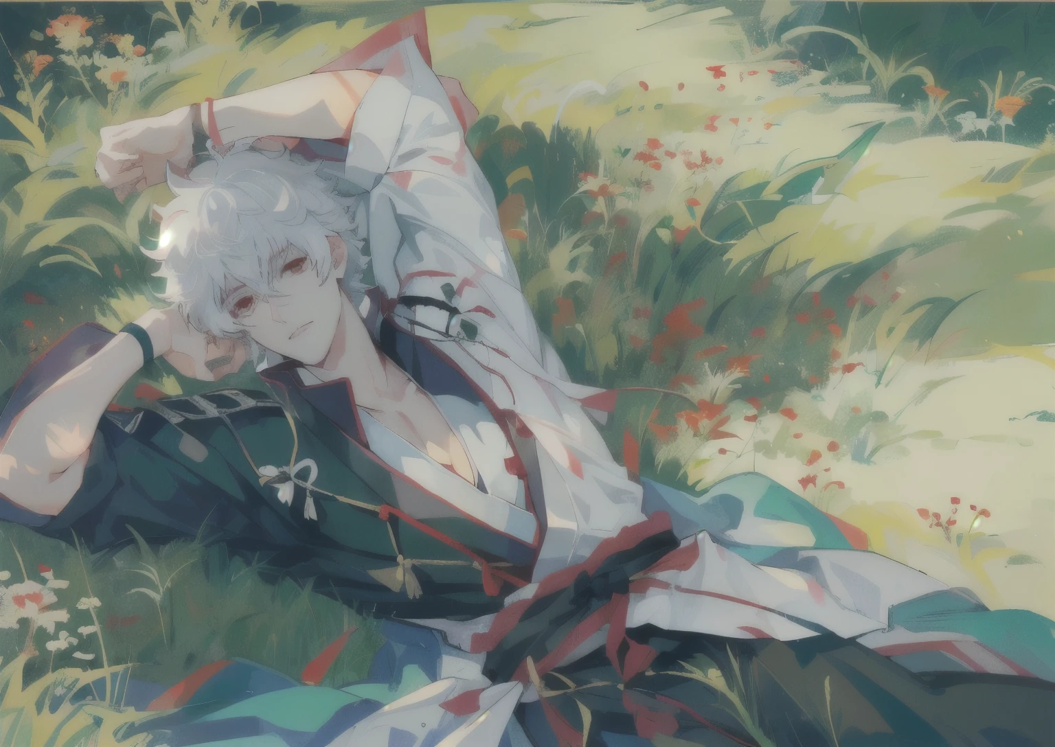 Sakata Gintoki,White hair,Red Eyes,grassland