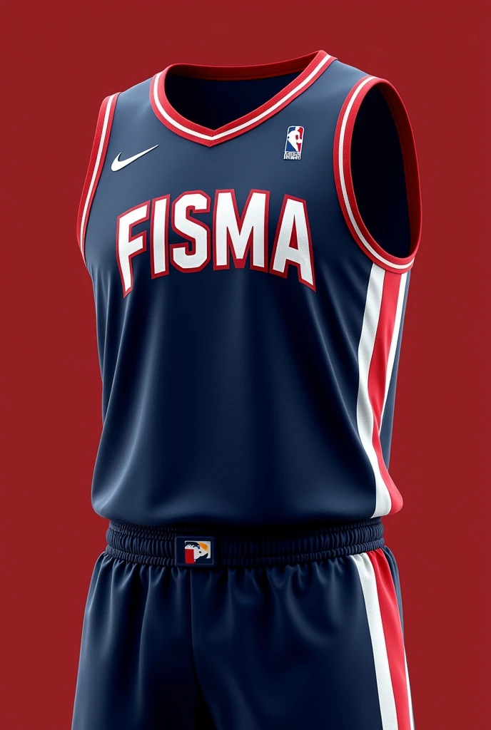 Navy blue with white and red non-NBA basketball jersey, that it is something personal and that it says FISMA on the chest, classic model